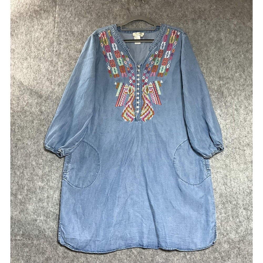 Tru Luxe Jeans Shirt Dress Womens Large Blue Embroidered Chambray Boho Pockets